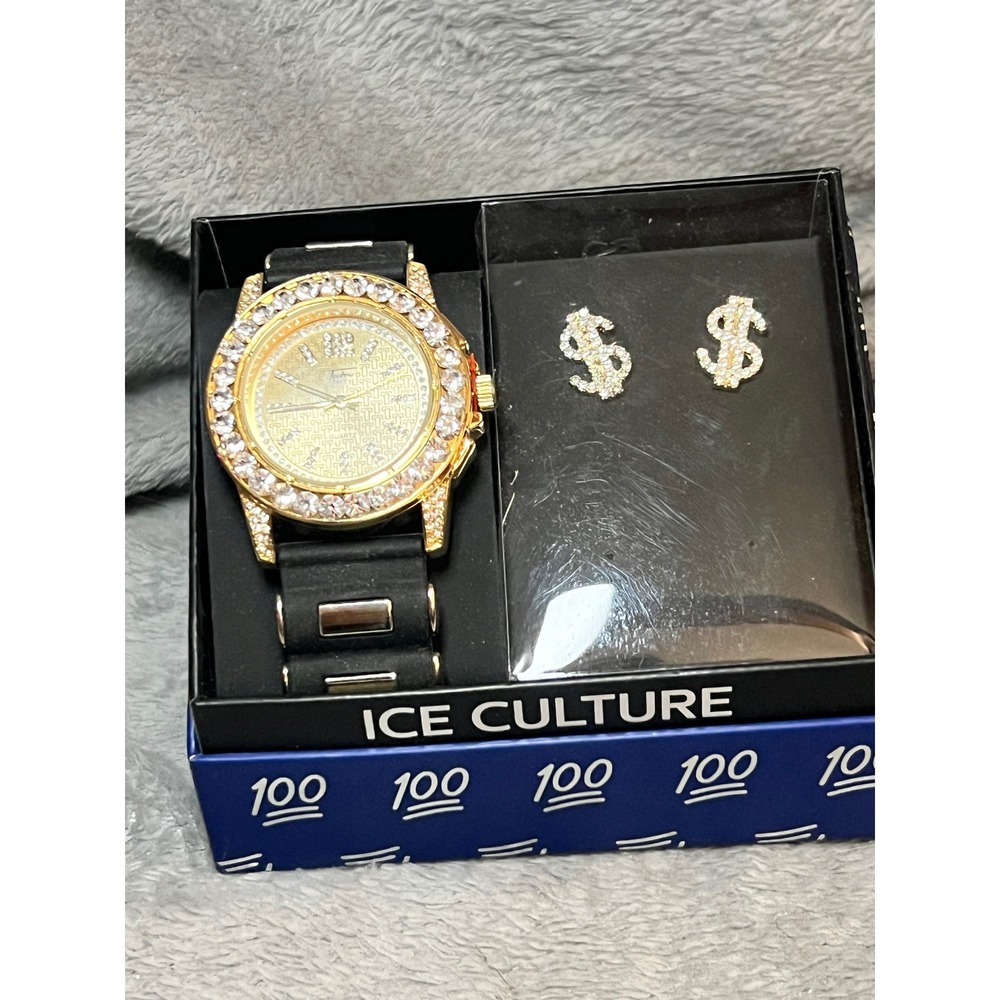 Ice Culture Men's Gold Tone Iced Watch & Dollar Sign Stud Earrings Gift Set New